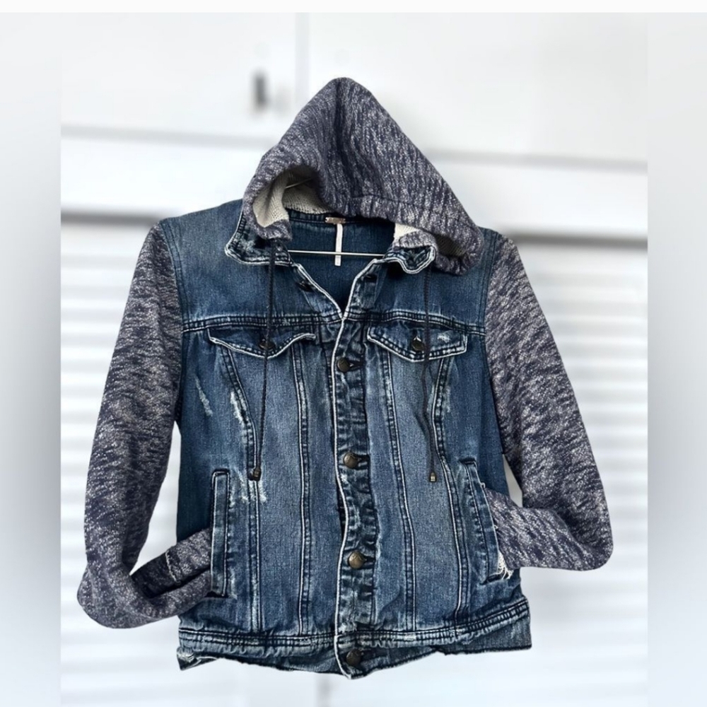 Free People Indigo Knit Hooded Denim Jacket - Picture 1 of 8